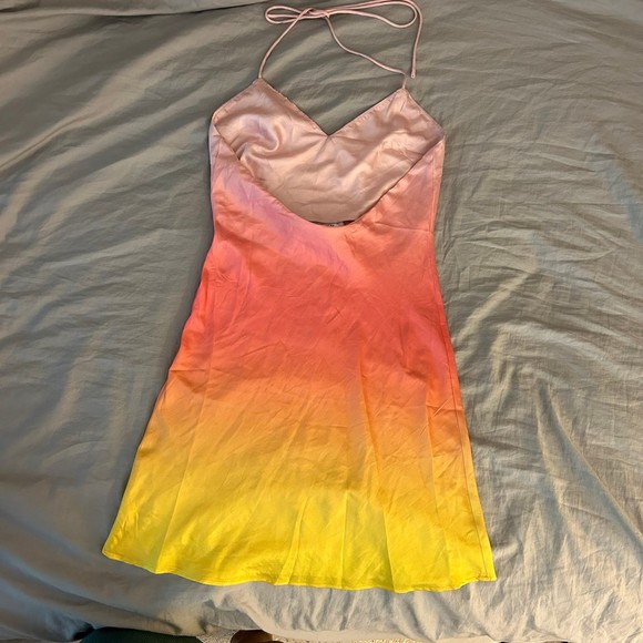 Princess Polly 4 Sunset Mini Dress, Halter Tie Neck, Pink Yellow Ombre, Silky - Picture 7 of 12